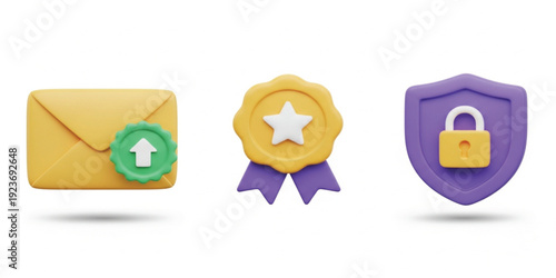 3D Email Notification Reward and Security Icon Set with Outgoing Mail Stamp, Achievement Medal with Star Ribbon, and Locked Shield Badge for App Alerts, Loyalty Programs, Privacy Protection
