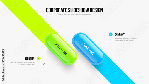 Digital Briefing Slideshow Design Vector Illustration. Market Innovation 2 Step Diagram Presentation Layout. Modern Profile Two Element Infographic Slide Template.