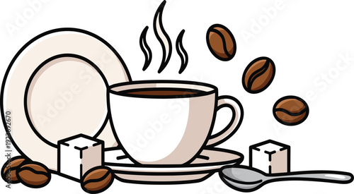 Coffee Cup Vector Illustration with Roasted Coffee Beans Sugar Cubes Saucer and Steam Isolated on White Background for Cafe Concept