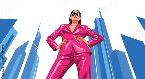 A powerful woman in a shiny pink pantsuit and sunglasses stands with hands on hips against a city skyline.