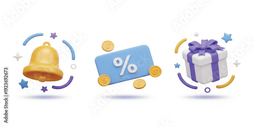 3D Notification Rewards and Discount Icon Set with Golden Bell Alert, Gift Box Surprise Present for Loyalty Program, Sale Promotion, App Push Notification, E-commerce Bonus