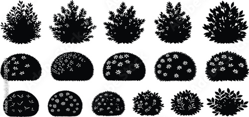 Set of bush and shrub silhouettes isolated on white background, garden hedge and garden plant shapes, landscape nature design elements,