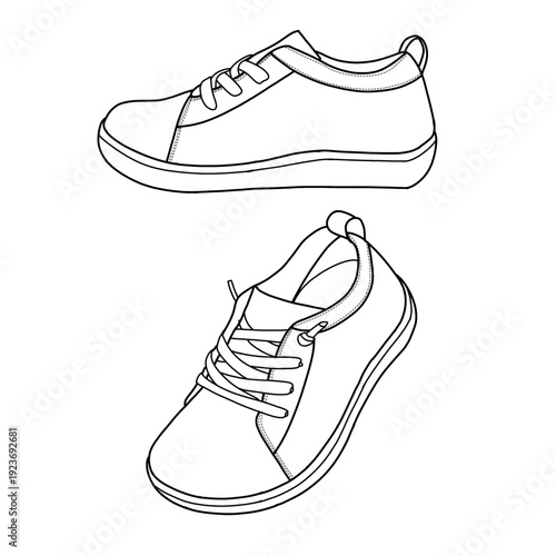 A detailed line art illustration of casual sneakers, showcasing their design and laces. Isolated on a white background
