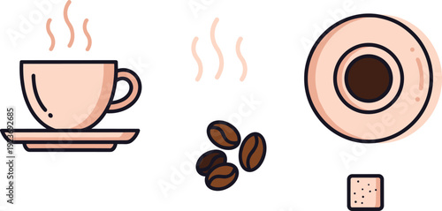 Coffee Break Vector Set with Cup of Espresso Roasted Coffee Beans Saucer and Sugar Cube Isolated on White Background