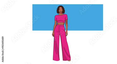 A woman with dark skin stands confidently wearing a matching pink crop top and high-waisted wide-leg pants.
