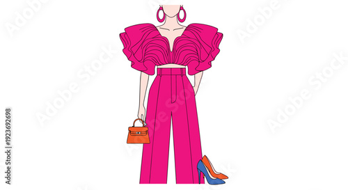 Woman in a pink ruffled crop top and wide-leg pants stands, holding an orange bag with high heels on the floor.