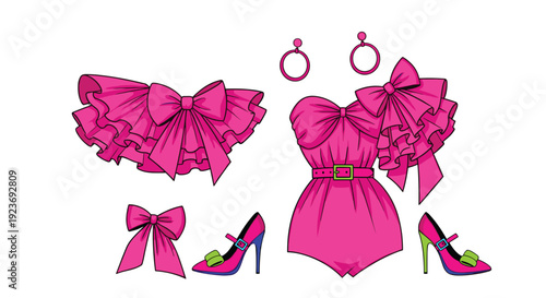 A vibrant pink party outfit set including a romper, ruffled skirt, decorative bows, matching earrings, and high heels.