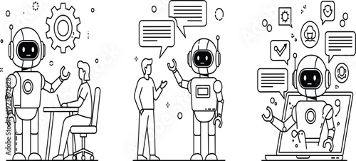 Artificial Intelligence Robot Assistant Line Illustration Set with Chatbot, Automation, Customer Support, and Technology Communication Concepts for Business and Digital Services