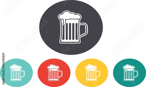 Beer Mug Icon Set in Colorful Circle Backgrounds with Foam Detail in Flat Minimal Style for Bar, Pub, Oktoberfest, and Beverage Design Projects