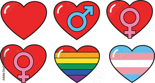 Pride and Gender Diversity Vector Set with Rainbow LGBTQ Transgender and Gender Symbol Hearts Isolated on White Background