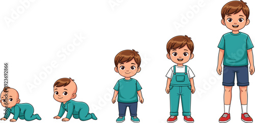 Boy Growth Stages Illustration from Crawling Baby to Teenager Child Development Milestones Cute Male Character Timeline Vector for Parenting and Education Design