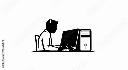 Silhouette of a person wearing headphones at a computer and desktop tower