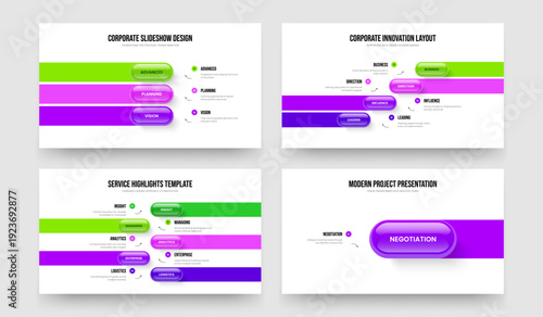 Consulting Showcase 3 4 5 1 Step Diagram Slide Template Set. Enterprise Briefing Three Four Five One Option Infographic Presentation Layout Vector Illustration Collection.