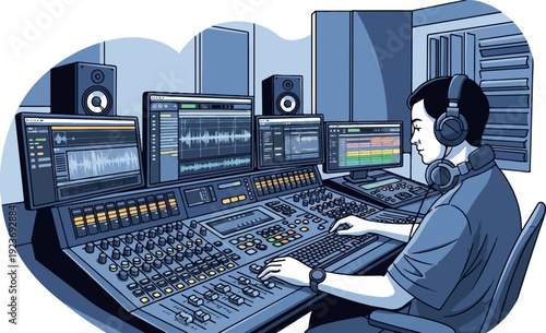 Person with headphones works on audio mixing board with multiple monitors