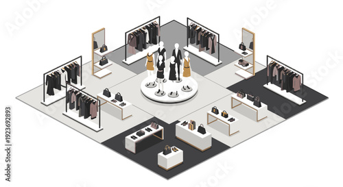 An isometric view of a luxury fashion boutique interior with mannequins, clothing racks, and stylish display tables.