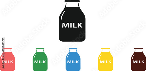 Colorful Milk Bottle Icon Set with Different Flavors and Minimal Flat Design for Dairy Packaging Branding Grocery Apps and Food Labels