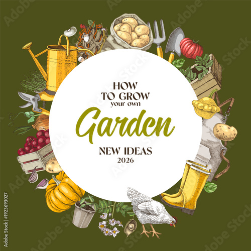 Gardening tools and plants vector banner