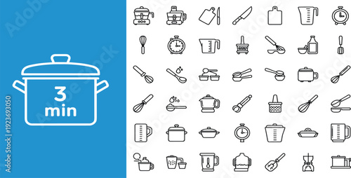 Cooking and Kitchen Utensils Line Icon Set with Timer Pot and Food Preparation Tools for Recipe, Restaurant, Menu, and Culinary Design Projects