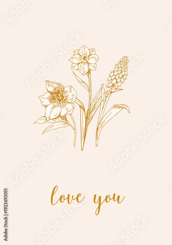 Floral botanical poster in vintage style. Outline flower stems, blooms, natur...