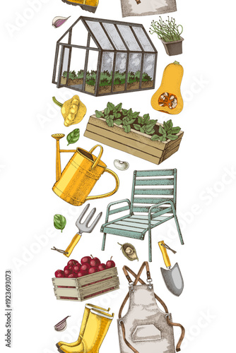 Gardening vector seamless border with hand drawn elements