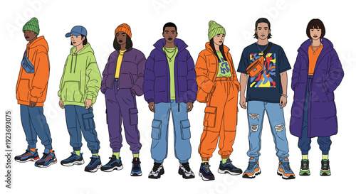 A diverse group of young people wearing colorful streetwear, puffer jackets, hoodies, and beanies stands in a modern fashion lineup.