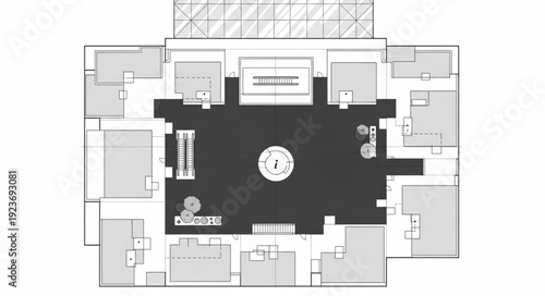 Architectural floor plan of a building with various rooms and features.