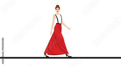 A stylish woman in a white top, long red skirt, and black suspenders walks a black line on a white background.
