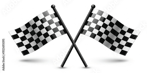 Crossed Black and White Checkered Racing Flags Icon Set with Glossy Finish, Victory Waving Pennants on Poles for Motorsport, Finish Line, Car Racing, Competition Winner, Gaming