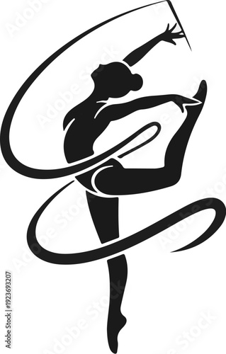 Silhouette of a rhythmic gymnast performing with a ribbon in a dynamic pose