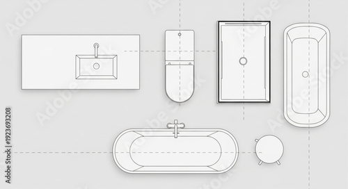 Bathroom fixture layout with various bathtub and sink designs for interior planning.