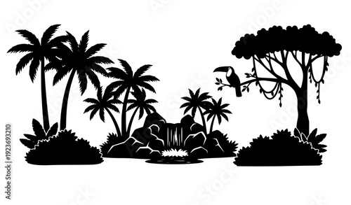 Jungle Silhouette Vector Set with Tropical Trees Toucan Waterfall and Hanging Vines