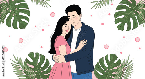 Romantic young couple hugging tenderly surrounded by tropical leaves, love relationship illustration, happy man and woman embrace, valentines day background design