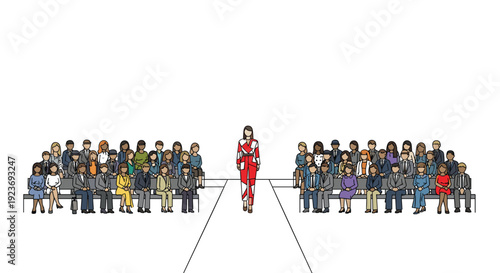 Flat illustration of a fashion show with a model walking a runway in red and white, observed by a seated audience.