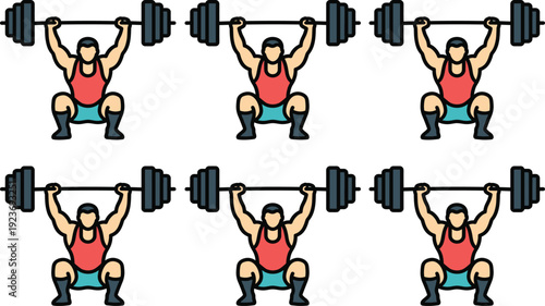 Weightlifting and Bodybuilding Vector Set with Strong Man Performing Squat and Overhead Press with Barbell Isolated on White Background