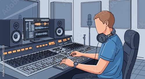 Person working in a recording studio with soundboard, speakers, and computer