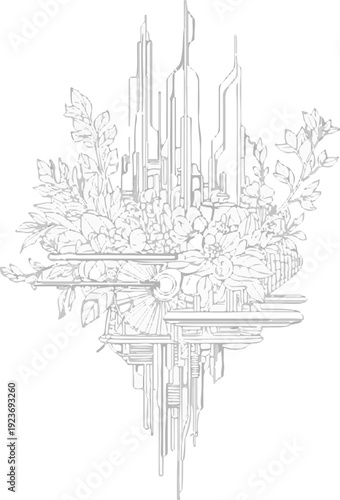 Ornate futuristic cityscape blended with organic floral elements in a monochrome sketch