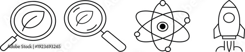 Line drawings of magnifying glasses atom and rocket isolated on transparent background
