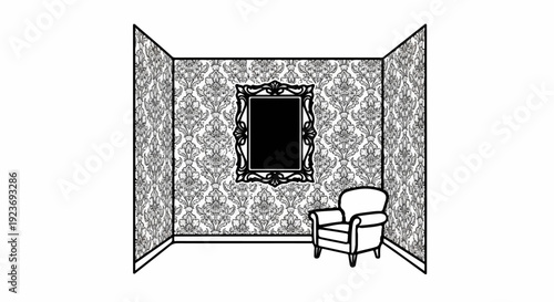 Ornate framed artwork hangs above a single armchair in a patterned room