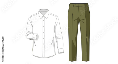 Outline technical drawing of a white long-sleeved button-up shirt and green pleated trousers on a white background.