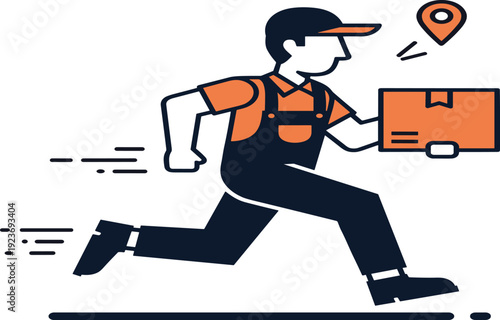 Fast Delivery Service Illustration with Courier Running and Carrying Cardboard Box Package with Location Pin Icon Isolated on White Background