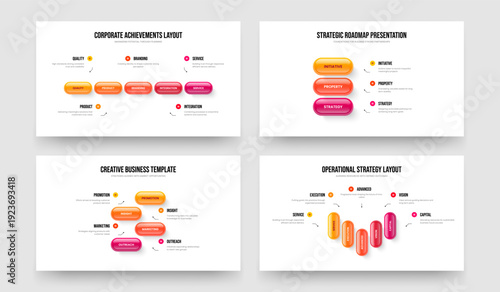 Sales Proposal 5 3 4 Element Diagram Slideshow Layout Collection. Enterprise Plan Five Three Four Option Infographic Slide Template Vector Illustration Set.