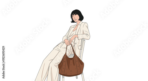 Woman with short dark hair in a white pantsuit sitting on a minimalist chair, holding a large brown slouchy hobo bag.