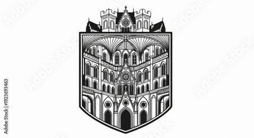 Ornate Gothic building facade within a shield shape, black and white illustration