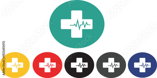 Medical Health Cross Icon Set with Heartbeat Pulse Symbol in Flat Minimal Style for Healthcare Apps, Emergency Services, Hospitals, and Insurance Design