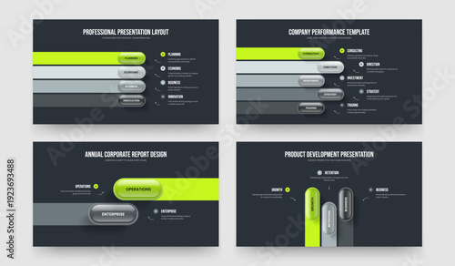 Professional Performance 4 5 2 3 Element Diagram Frame Layout Collection. Market Review Four Five Two Three Option Infographic Slide Template Vector Illustration Bundle.