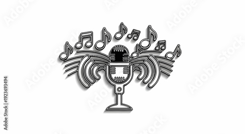 Outline of microphone with musical notes and sound waves in a graphic style