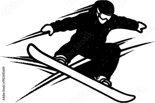 Silhouette of a snowboarder mid-air, performing a jump