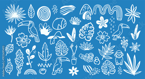 Charming Tropical Jungle Elements Collection Featuring Toucans Monkeys and Exotic Plants in White Outline on Blue Background