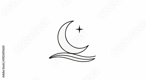 Simple outline of crescent moon and star over waves