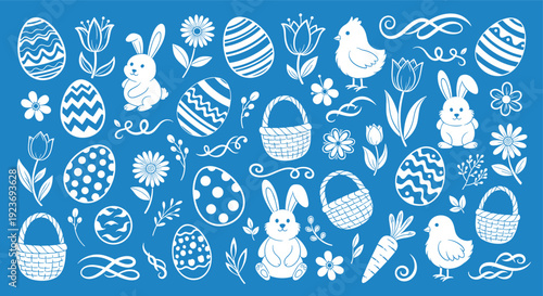 Charming Easter Holiday Collection White Icons on Blue Background Featuring Bunnies Chicks Eggs Flowers and Baskets for Festive Design Elements